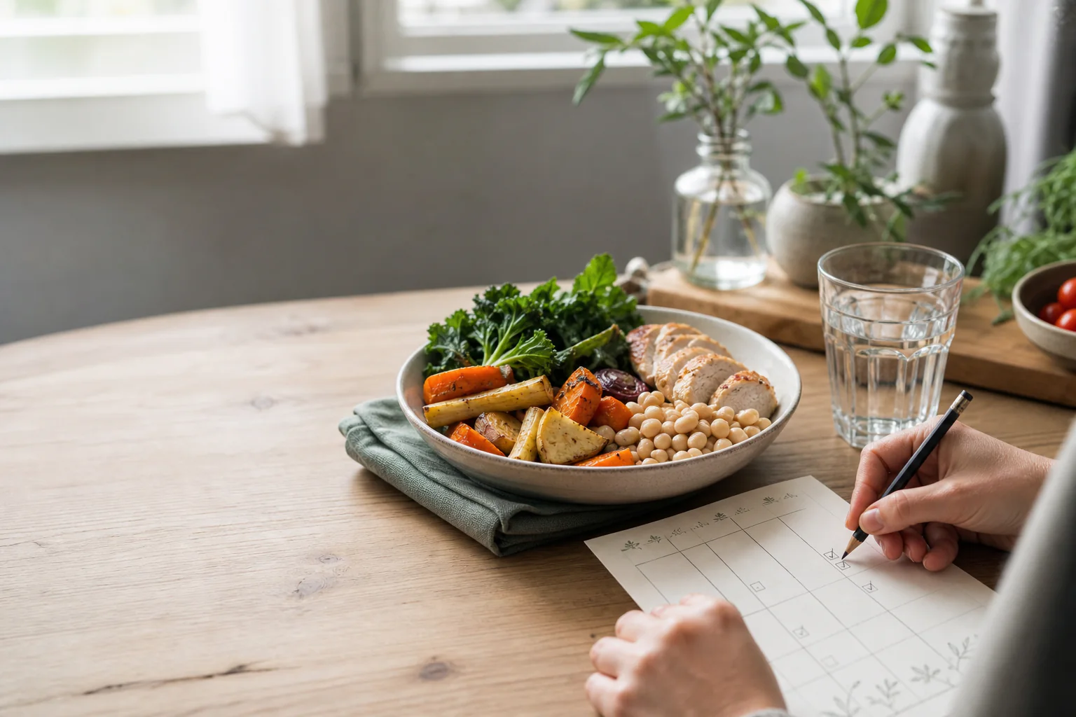 Planerad vardagsmåltid med rotfrukter, grönsaker, bönor och protein